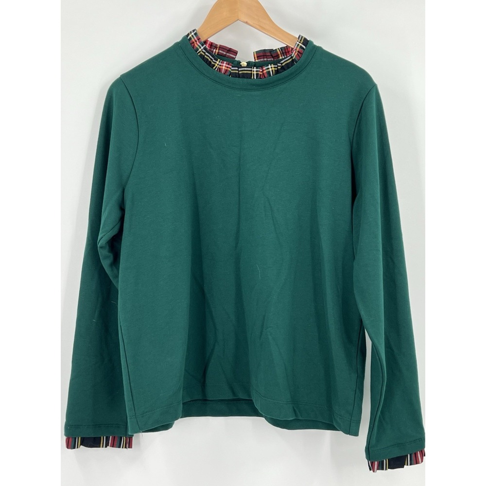 J Crew Women's Large  Tartan Ruffle-Collar Pullover Top Green Green Classic
